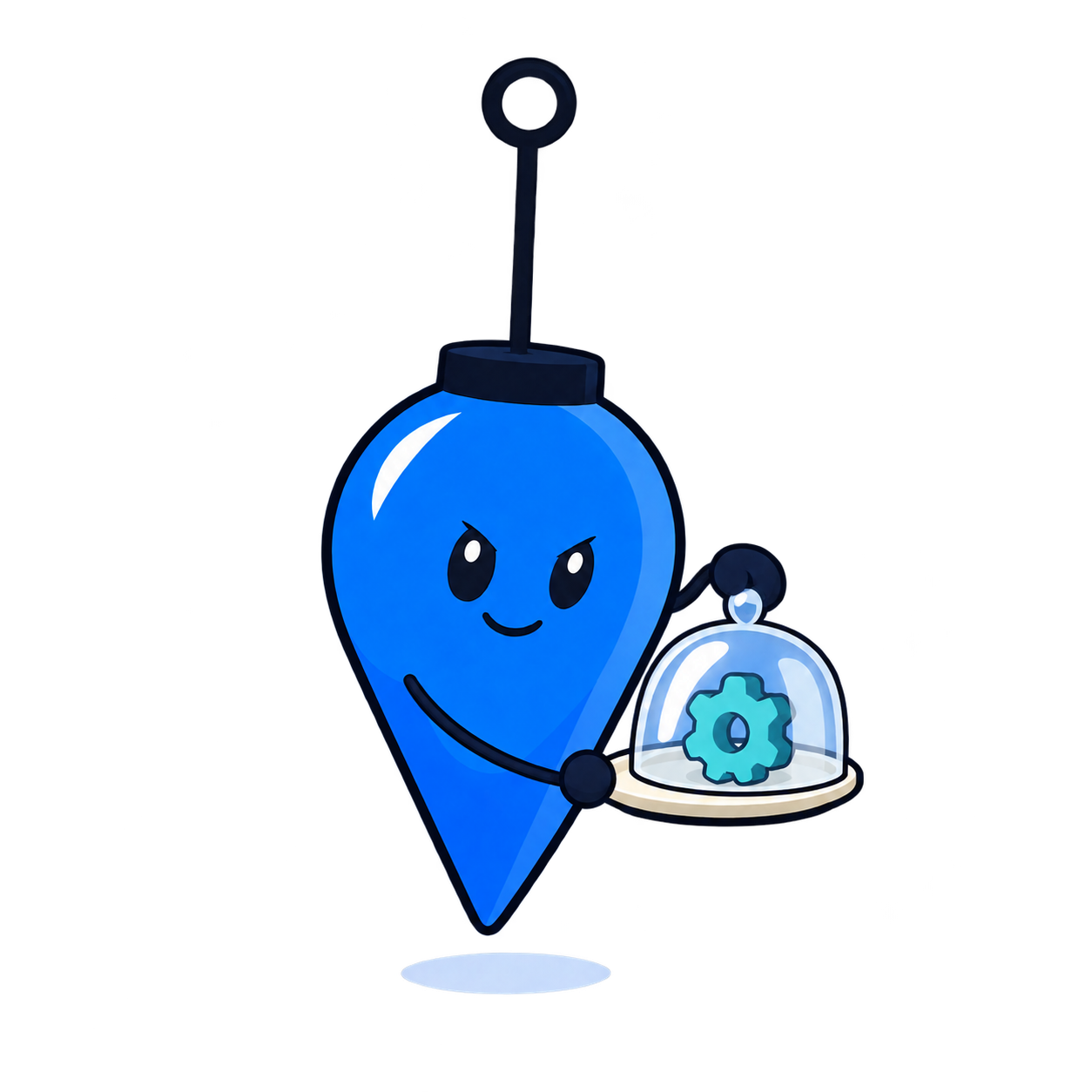 A stout blue bob carrying a gear under glass.