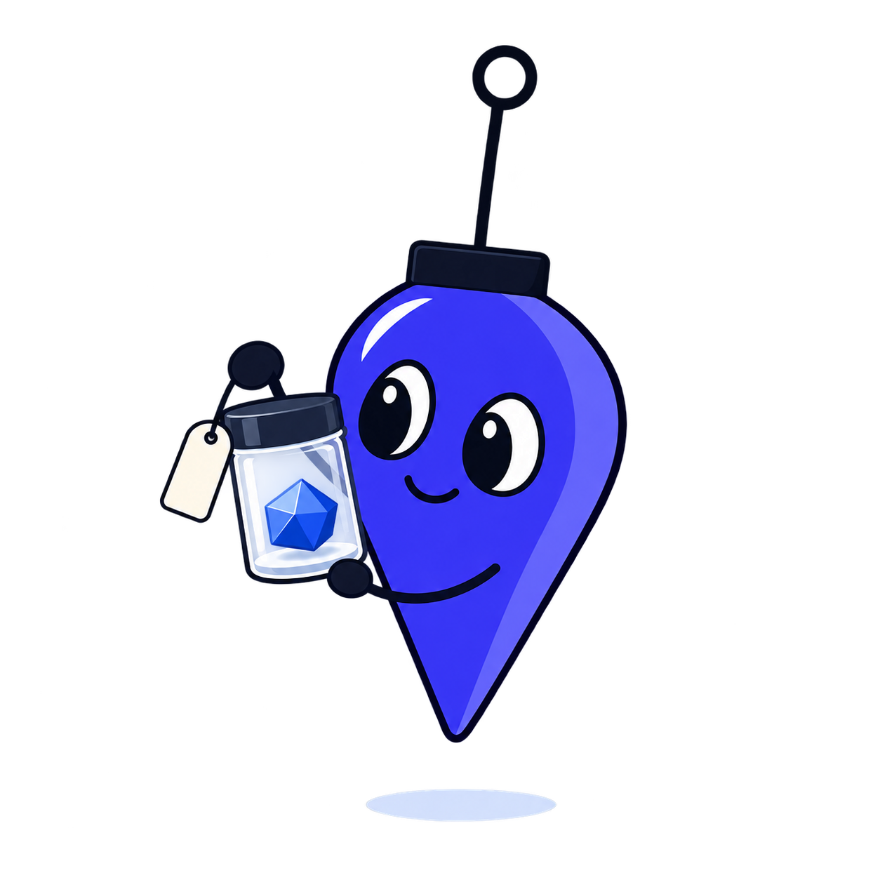 An indigo bob with curious eyes and a labelled specimen.