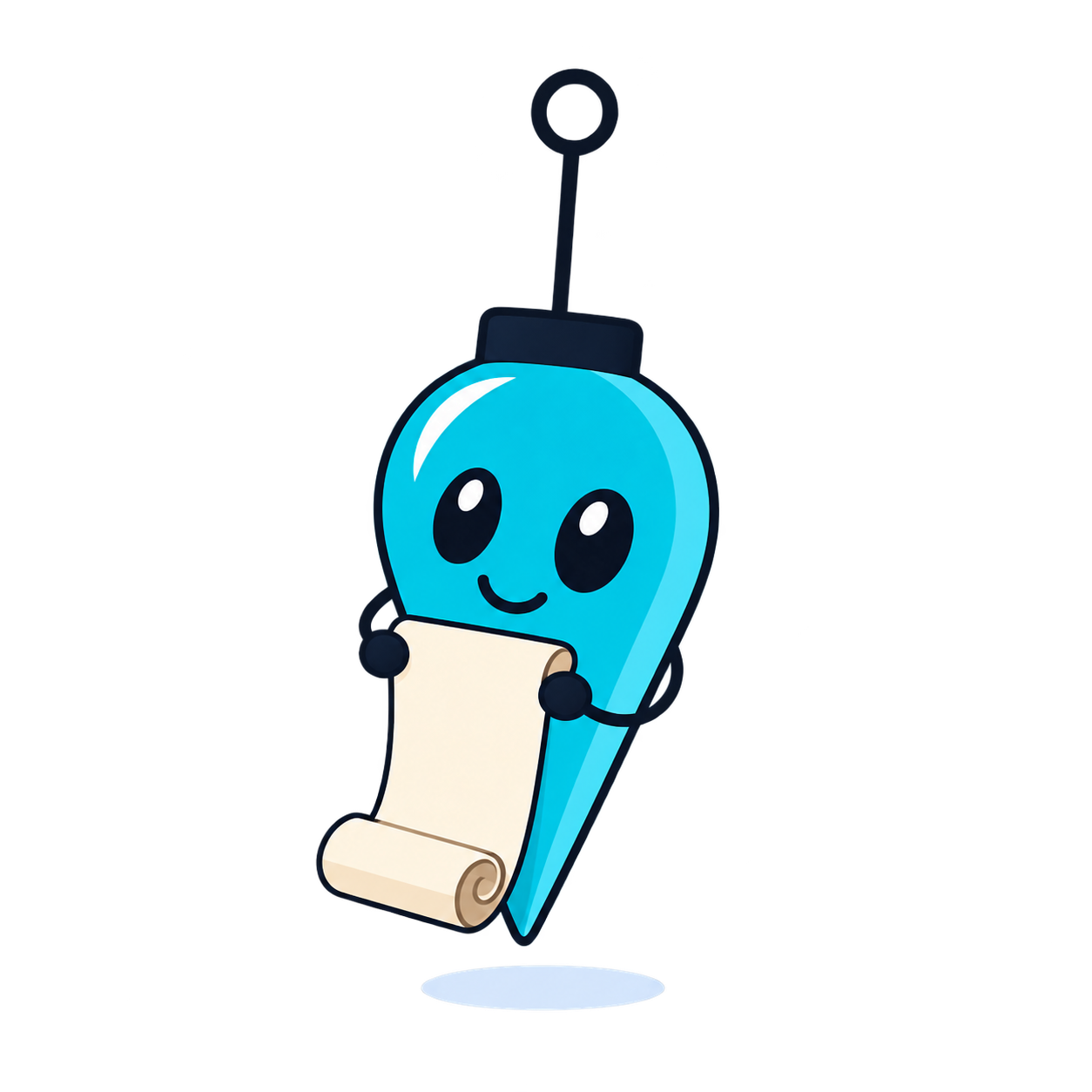 A tiny teal bob with a paper scroll.