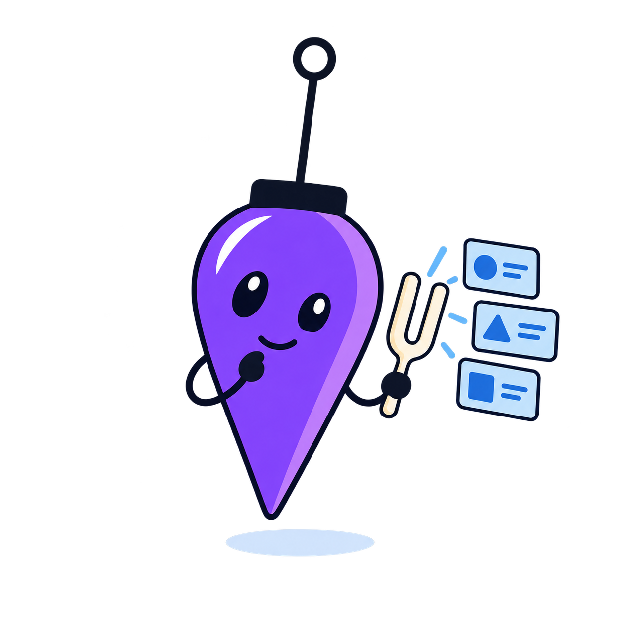 A tall violet bob comparing cards with a tuning fork.
