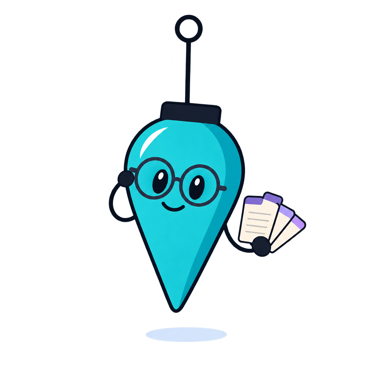 A teal bob with spectacles and tabbed index cards.
