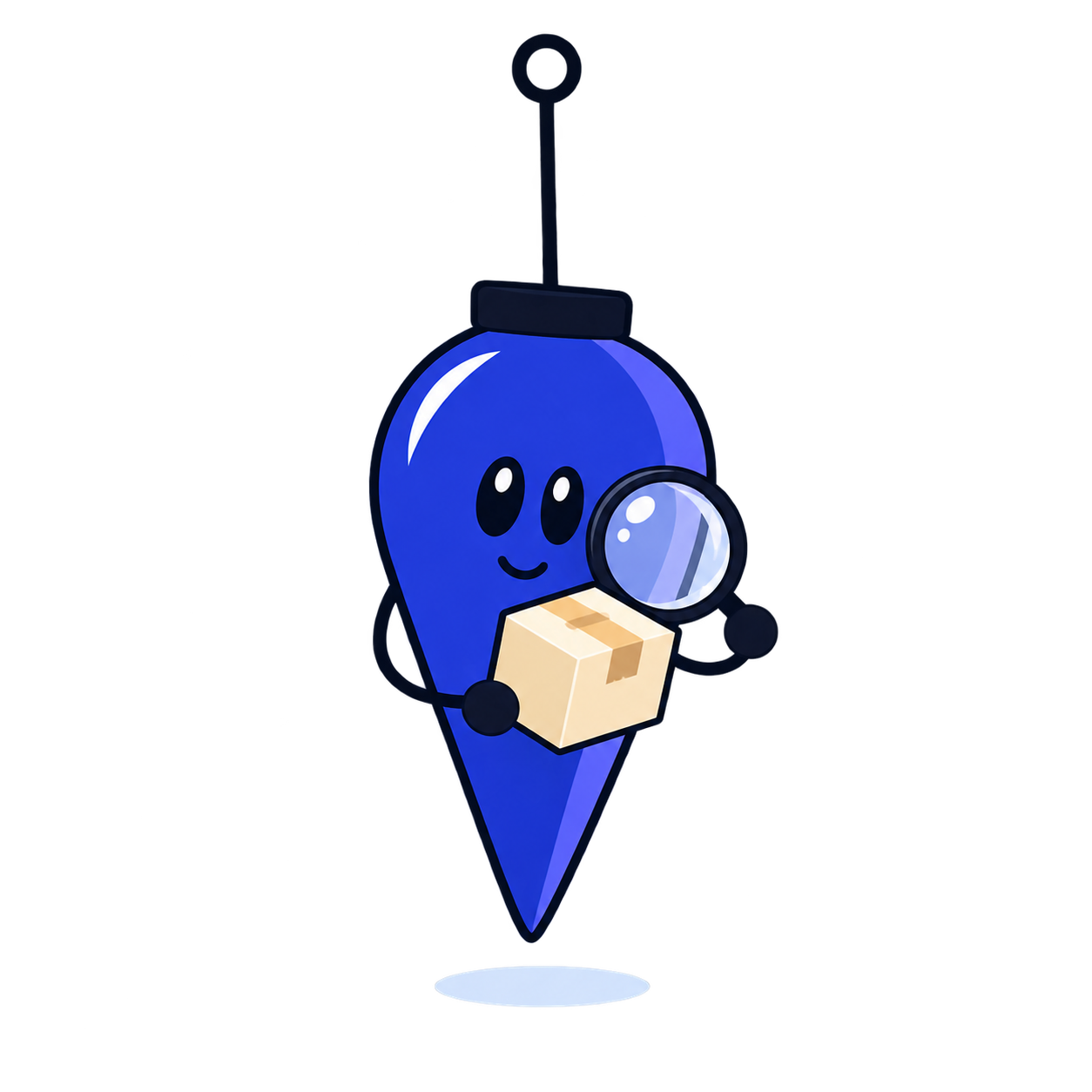 An indigo bob inspecting a parcel through a lens.